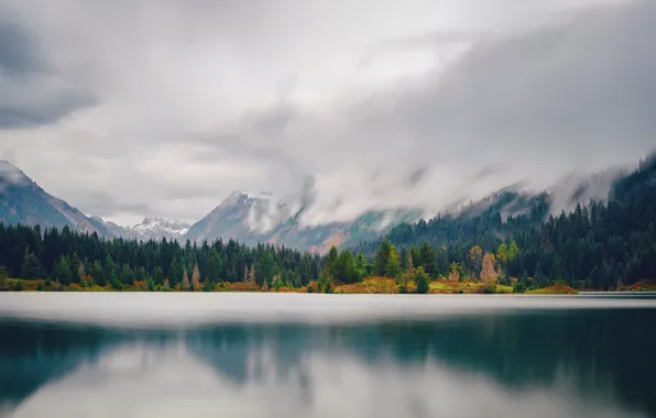 Forest, mountains, lake, USA, Washington, Gold Creek Pond
