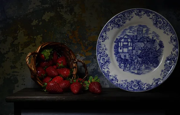 Berries, the dark background, table, strawberry, plate, still life, basket, dish