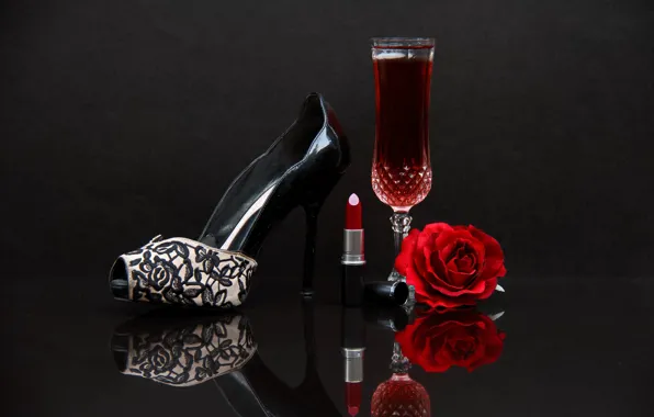 Picture wine, glass, rose, lipstick, shoes