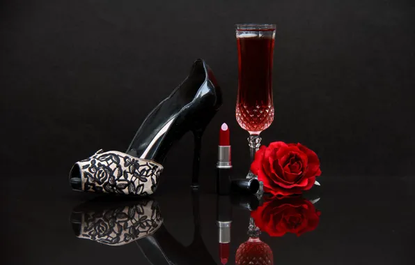 Wine, glass, roses, lipstick, shoes