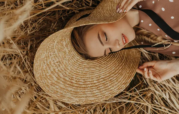 Girl, hat, blonde, hay, Abbasova Anna