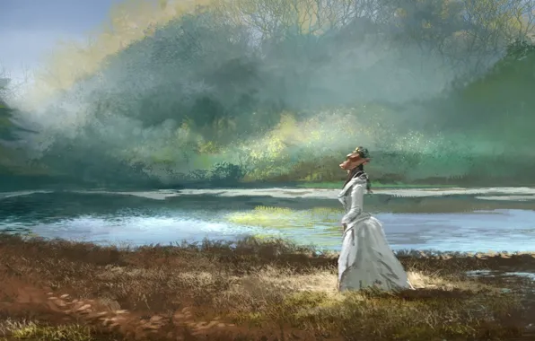 Picture forest, grass, girl, lake, hat, dress, art, walk