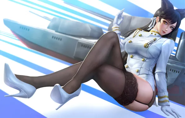Chest, girl, stockings, brunette, shoes, ears, uniform, Atago
