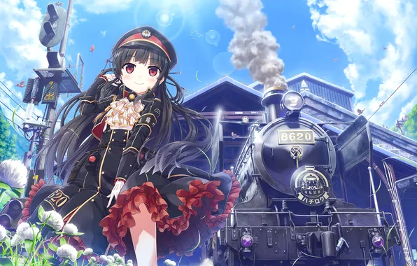 Picture girl, flowers, the wind, train, the engine, depot, form, cap