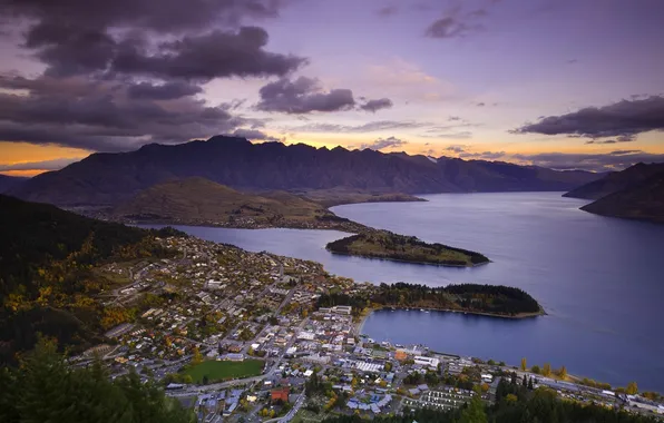 The sky, mountains, the city, lake, the evening, panorama