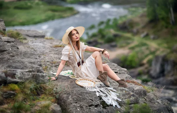 Look, girl, nature, pose, rock, blonde, legs, Anastasia Barmina