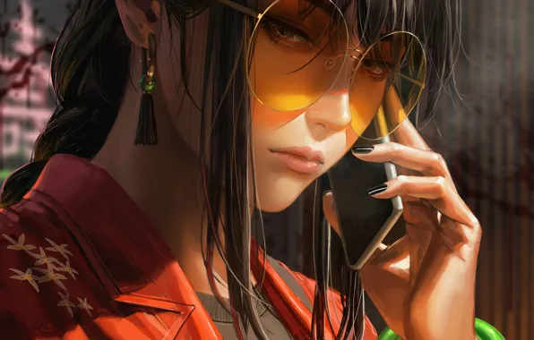 Girl, glasses, smartphone, guweiz