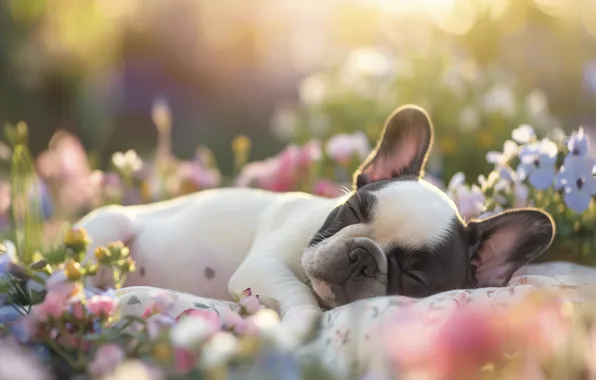 Light, flowers, sleep, dog, sleeping, puppy, face, French bulldog