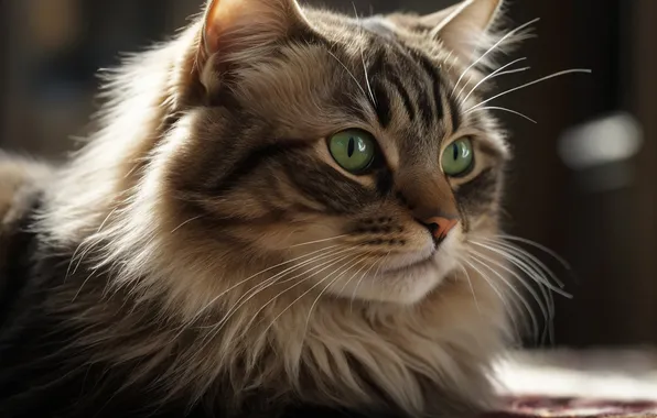 Cat, cat, look, light, pose, the dark background, grey, fluffy