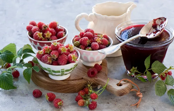 Picture leaves, berries, raspberry, food, spoon, dishes, jam, sweet
