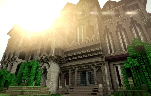 The sky, the sun, trees, the building, minecraft