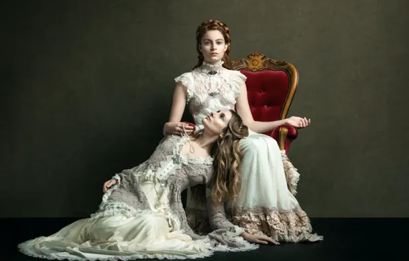 Picture chair, two girls, dresses, Rebirth