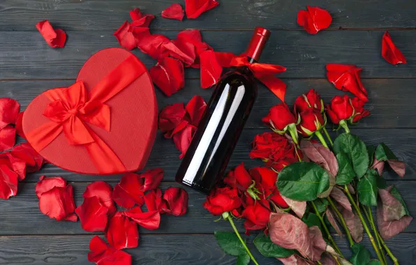 Box, gift, wine, roses, bouquet, Heart, Valentine's day