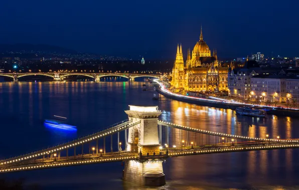 Night, lights, river, home, lights, bridges, Palace, Hungary