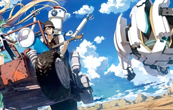 Machine, the sky, clouds, smile, robot, chase, anime, art