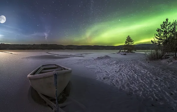 The moon, boat, frozen lake