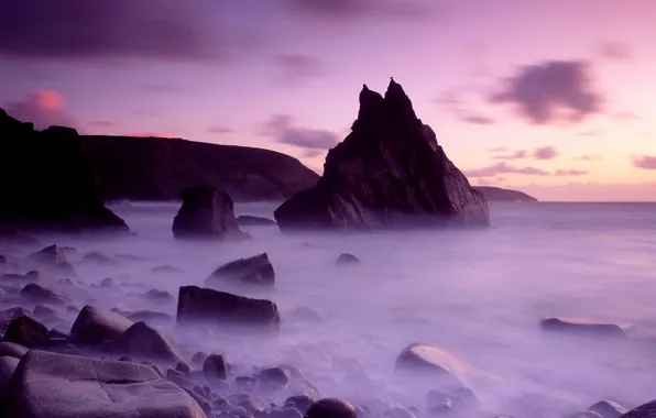 Sea, purple, the sky, water, clouds, nature, fog, stones