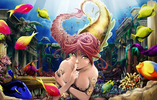 Picture decoration, fish, Mermaid, the ruins, underwater world