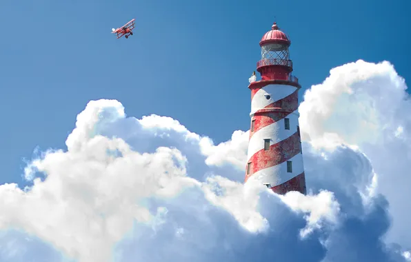 Picture the sky, clouds, the plane, lighthouse