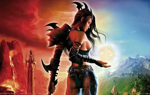 The sky, girl, mountains, fire, flame, tower, sword, destruction