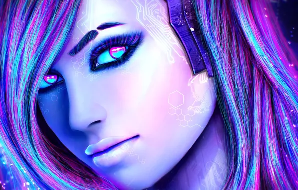 Look, girl, face, hair, beauty, art, cyberpunk