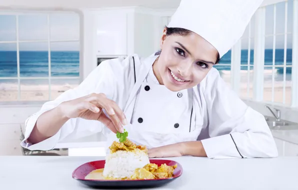 Sea, beach, look, girl, smile, background, Windows, food