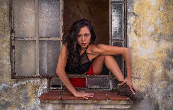 Look, girl, pose, hands, brunette, window, leg, shoes