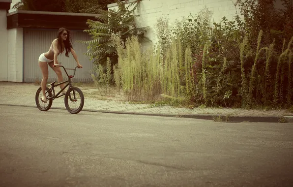 Road, girl, bike, street, shorts, underwear, brunette, glasses