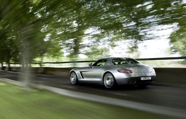 Picture road, trees, speed, mercedes, benz, sls, amg