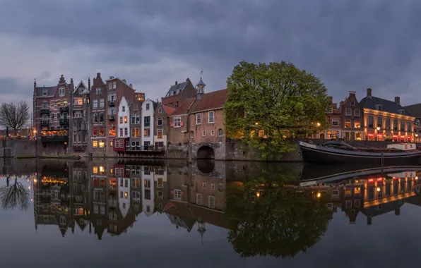 The city, reflection, river, building, home, the evening, lighting, Netherlands