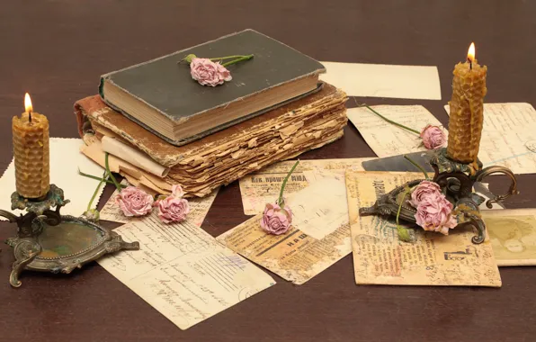 Flowers, paper, table, books, roses, old, candles, vintage