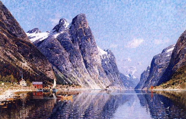 The sky, water, clouds, rocks, picture, Norway, the fjord, Adelsteen Normann