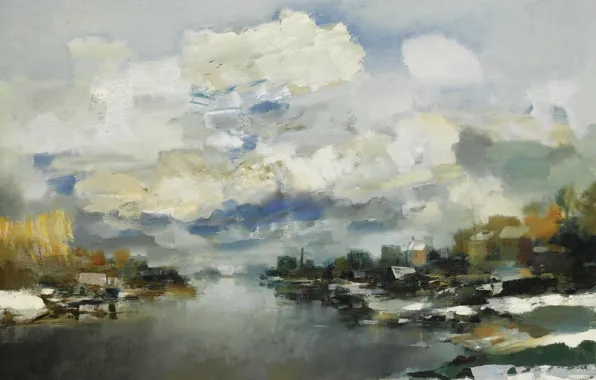 Picture clouds, river, picture, winter landscape, Albert Saverys