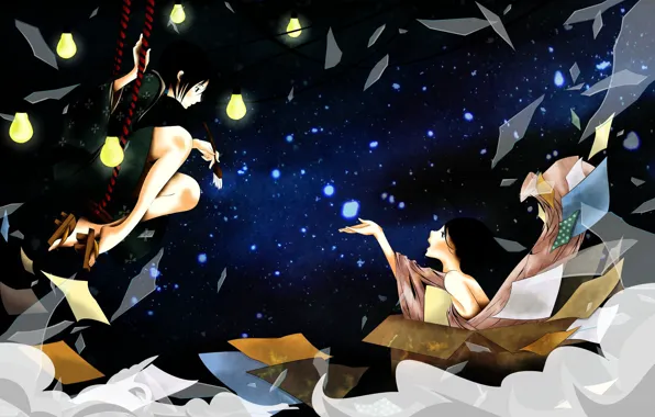 Night, fragments, swing, box, sleep, sheets, brush, light bulb