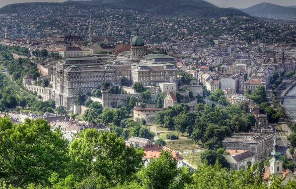 Trees, mountains, river, home, panorama, fortress, Palace, Hungary