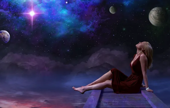 The sky, girl, space, stars, clouds, light, dreams, night
