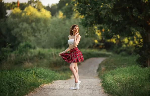 Picture girl, nature, pose, sneakers, skirt, track, brown hair, top