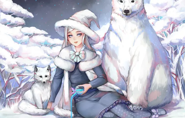 Winter, girl, bear, Fox, the bulb