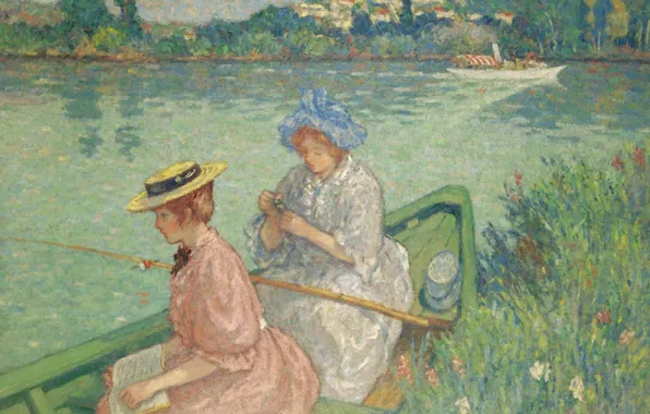 Girl, boat, picture, hat, rod, Fisherwoman, Georges d'espagnat