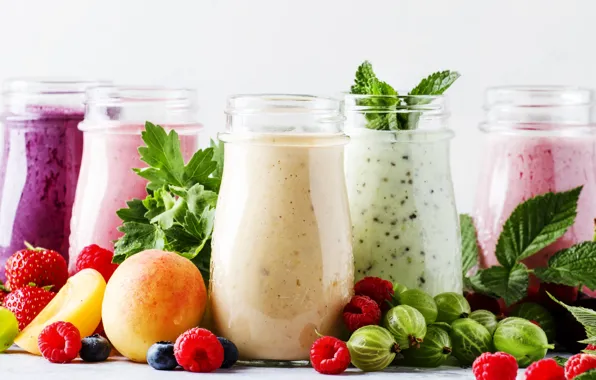 Berries, Breakfast, blueberries, strawberry, fruit, drinks, gooseberry, smoothies with yogurt