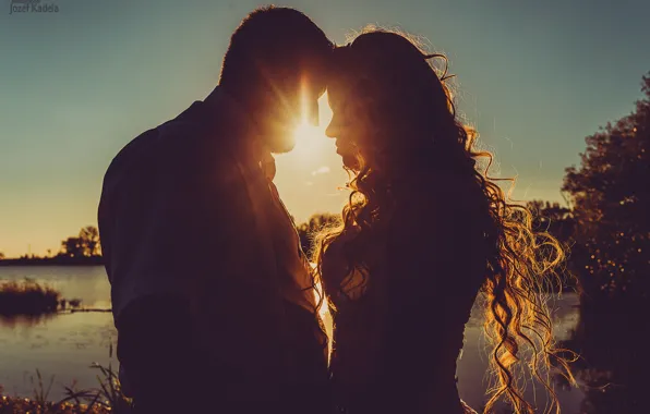 Picture girl, sunset, hair, pair, male, lovers, Jozef Kadela