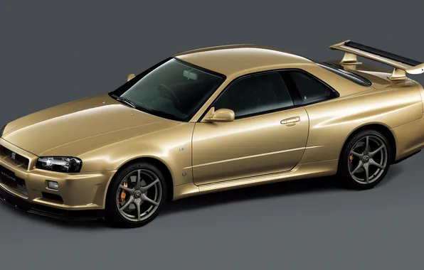 Gold, Nissan, grey background, Nissan skyline