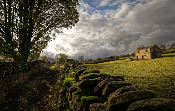 Nature, Clouds, Road, Wall, House, Stones, Ruins, Landscape
