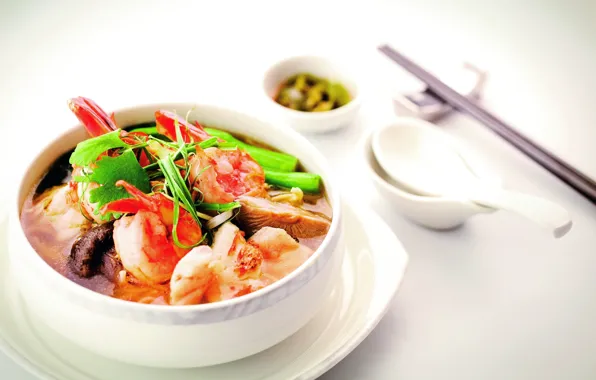 Mushrooms, greens, shrimp, tomato sauce, seafood soup, scallops