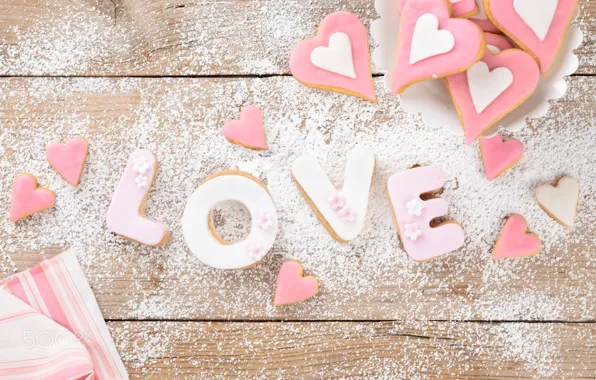 Letters, Board, Love, cookies, hearts, cakes, sweet, powdered sugar