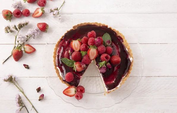 Flowers, berries, raspberry, Board, strawberry, pie, cake, mint