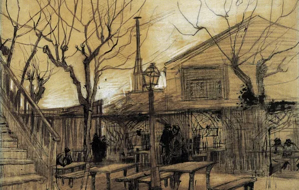 Tables, ladder, lantern, benches, Vincent van Gogh, A Guinguette, Ladi