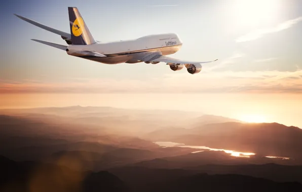 The sun, The sky, The plane, Liner, Board, Boeing, 747, Lufthansa