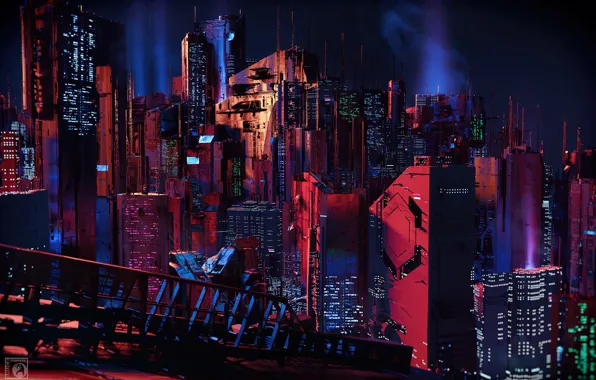 Night, The city, Future, Skyscrapers, City, Fantasy, Architecture, Night