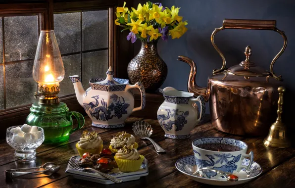 Picture flowers, style, tea, lamp, bouquet, kettle, window, the tea party